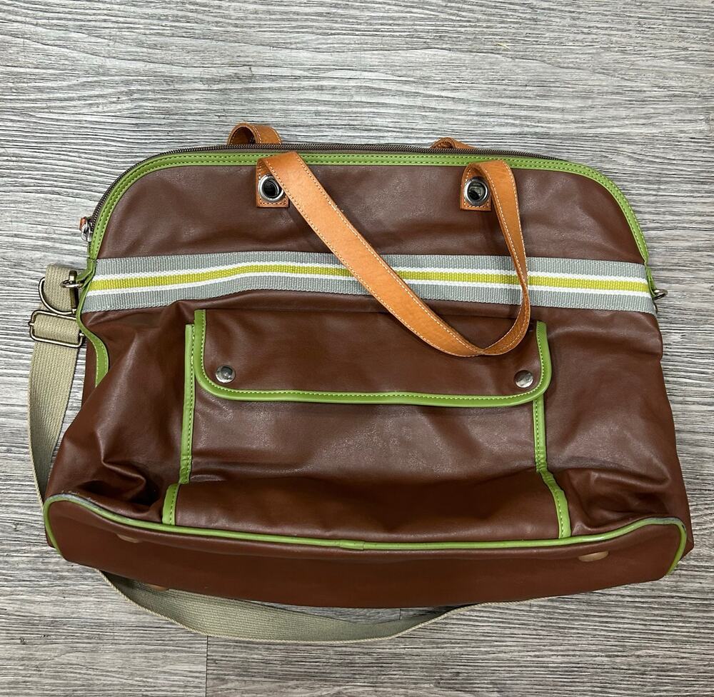 Orla Kiely Travel Weekender Bag Brown Faux Leather Green Trim Iconic Car Lining